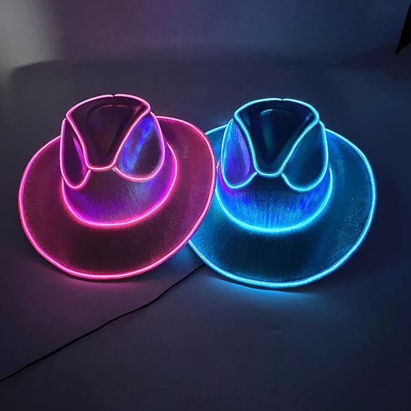 Cappelli a tesa larga Cappelli a secchiello Decorazioni luminose Forniture Cappello da cowboy luminoso Cappello da cowboy perlescente LED Cappello con luce al neon per la festa 231023