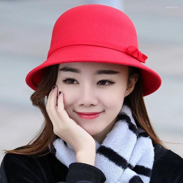 Berets Fashion Solid Eimer Kappe Vintage Wollfilz Fischer Herbst Winter Frauen Elegante Breite Krempe Bowknot Warme Hüte Großhandel