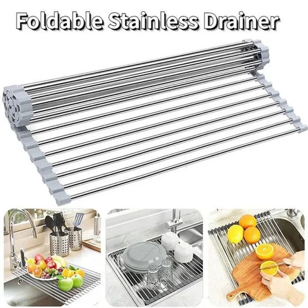 Organização de armazenamento de cozinha dobrável escorredor de prato de aço inoxidável roll up rack de secagem prateleira pia titular placa de drenagem tigela frutas 231023