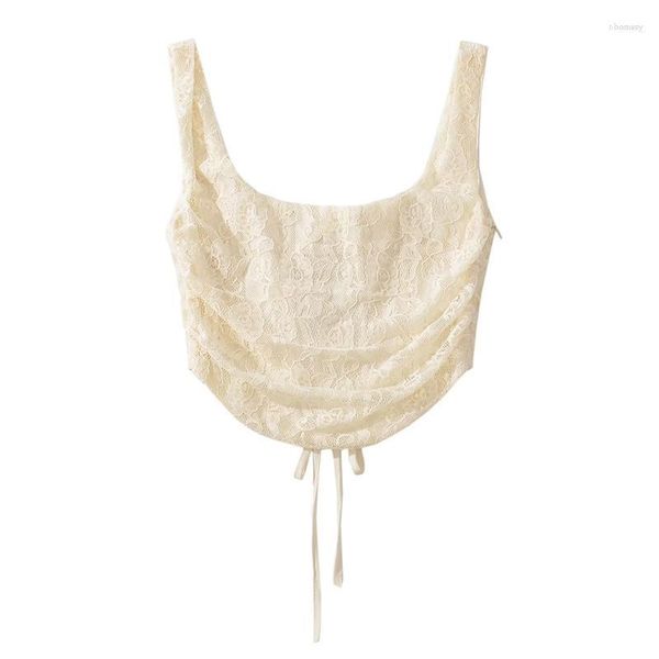 Canotte da donna Canotte da donna sexy da donna con allacciatura incrociata e fasciatura sul retro Top corto estivo in pizzo beige