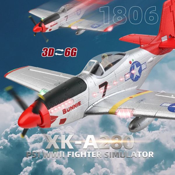 Модель самолета Wltoys XK A280 RC Plane P51 Модель 3D 6G со светодиодом 2,4 ГГц GPS Пульт дистанционного управления Самолет Большие игрушки-истребители Подарок для мальчиков FPV 231021