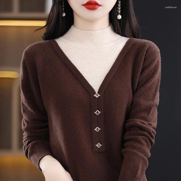 Женские свитера Женские свитера из чистого кашемира S 100, 23 стиля, цветные блоки, полуводолазка, свободный крой, шерстяной вязаный пуловер, трикотажная базовая рубашка