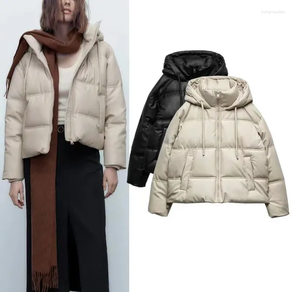 Giacca parka invernale in pelliccia da donna in pelle, caldo cappotto con cappuccio, manica lunga, capispalla da moto, nero