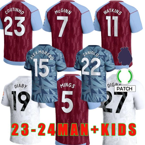 Personalizado 2024 Aston Villas Futebol Jerseys Kids Kit Home Football Jersey Treinamento Fora Torcedores Versão Jogador Camisetas Futbol MINGS McGINN BUENDIA Maillot Foot