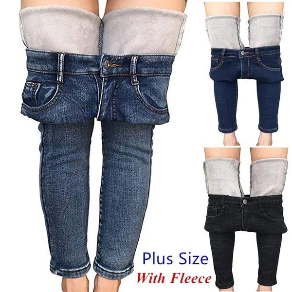 Женские джинсы размера плюс 25-32, женские зимние толстые флисовые тонкие повседневные модные узкие теплые эластичные джинсовые брюки синего, черного цвета