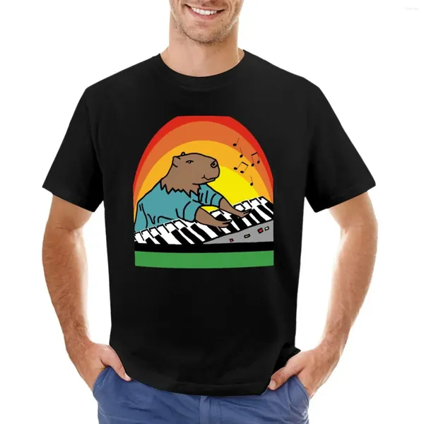 Herren-Poloshirts, lustiges Capybara macht Musik, spielt Keyboards, T-Shirt, niedliche Oberteile, Herren-T-Shirts mit Grafik