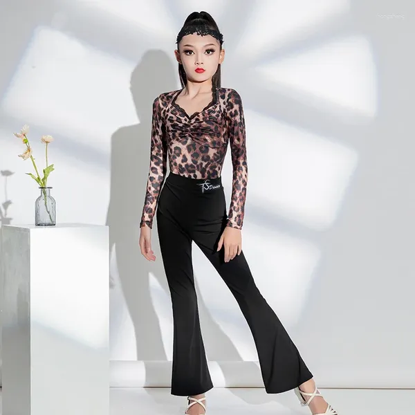 Bühne tragen langärmelige moderne Tanzkleidung für Mädchen Leopard Top Latin Hosen Kinder Ballsaal Tanzwettbewerb Kostüm SL9068