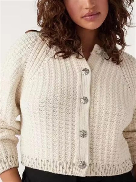 Damenstrickpullover für Damen, Herbst, handgefertigt, Diamant-Dekoration, 2023, elegante Damen, zweiteilig, einreihig, O-Ausschnitt, kurze Strickjacke