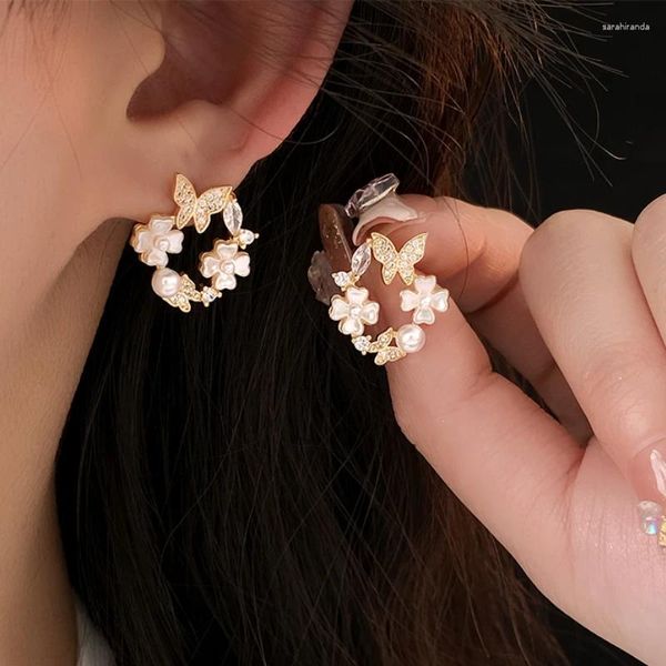 Orecchini a bottone KAITIN Fiore di perle per donna 2023 In zircone Farfalla Orecchino rotondo Gioielli di design di lusso di moda coreana