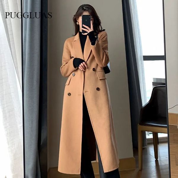 Mulheres misturas de lã moda inverno trench coat para mulheres elegante coreano casual duplo breasted casaco de lã longo jaqueta preta senhora do escritório solto outwear 231021