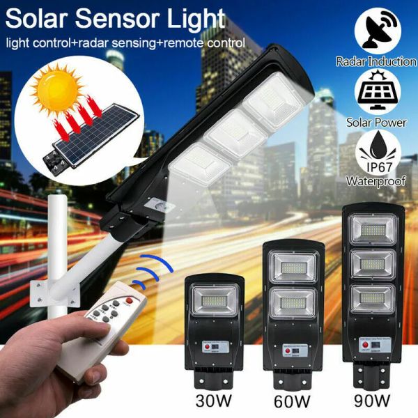 LED 30W 60W 90W 120W Solar Straßenlaterne Radar Bewegungssensor Wasserdicht IP65 SMD 2835 Wandleuchte Außenlandschaft Garten Straßenleuchte mit Pol Solarbeleuchtung