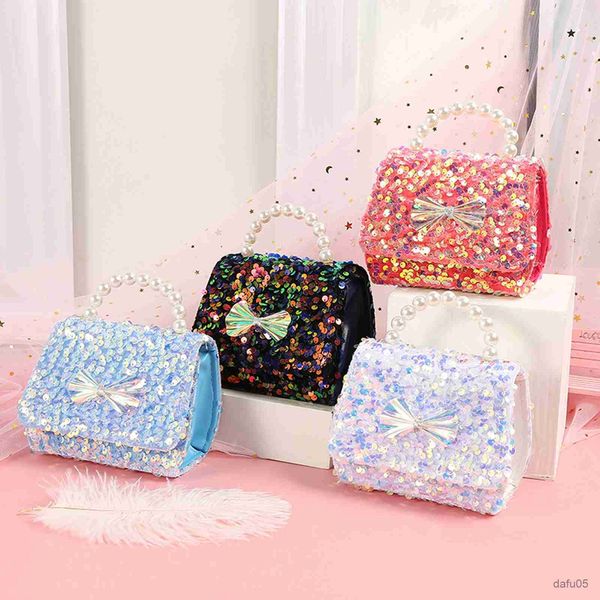 Bolsas crianças meninas moda lantejoulas cross-corpo sacos arco nó padrão forma quadrada sacos princesa bolsas brilhantes