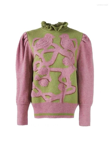 Женские свитера, водолазка с рюшами, 3D рельефные цветы, птицы, вязаный пуловер, свитер, женский осенне-зимний трикотаж с длинными рукавами, топы, джемпер