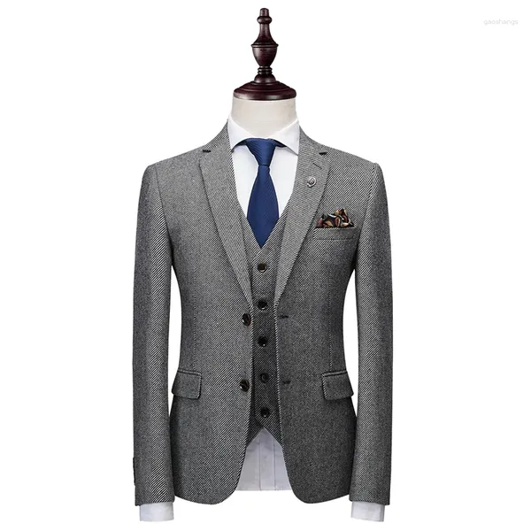 Ternos masculinos jaquetas colete calças outono inverno quente lã sarja tecido high-end marca masculino formal terno de negócios 3pce conjunto noivo vestido de casamento