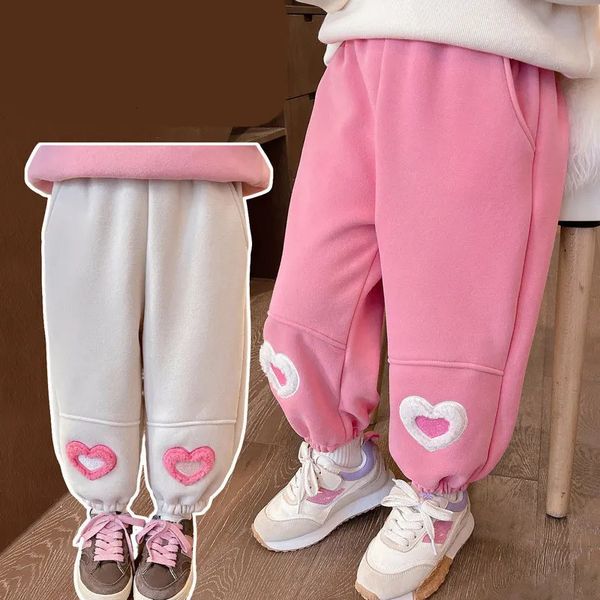 Брюки для девочек, флисовые брюки, теплые брюки для детей, детские брюки с сердечком, осень-зима, утепленная одежда для малышей, корейский стиль 231023