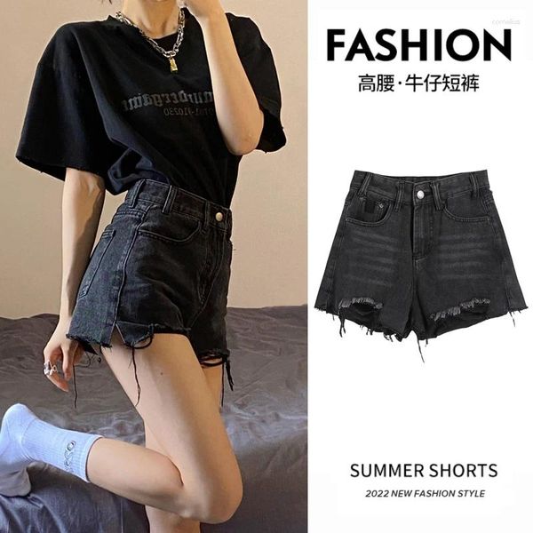 Jeans femininos preto verão cintura alta a linha picante menina denim shorts grande solto magro calças largas perna rua ins moda