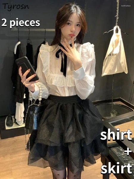 Abiti da lavoro Camicie Set Donna 2 pezzi Design Pieghe Casual Dolce stile coreano Elegante Gonne sexy Mini Elegante Primavera Semplice Retro Ins Studenti