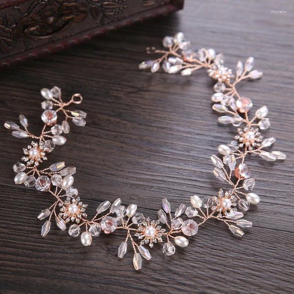 Fermagli per capelli KMVEXO Splendido colore oro rosa Strass Cristalli Perle Fiore Fascia da sposa Damigella d'onore Accessori per vite da sposa