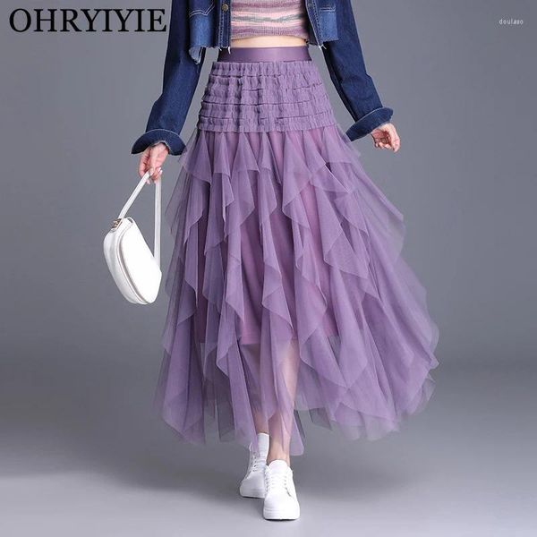 Юбки OHRYIYIE, нерегулярная тюлевая юбка длиной до пола, женская эластичная юбка с высокой талией и оборками, женская длинная пачка, праздничная одежда Femme