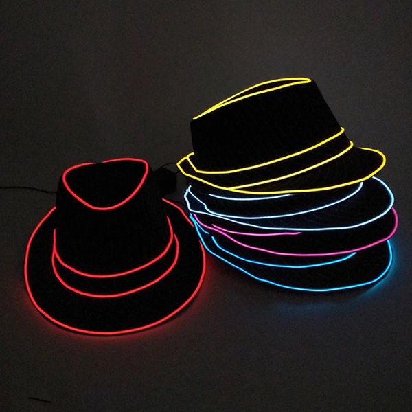 Cappelli a tesa larga Cappelli a secchiello Cappello luminoso Cappello da gentiluomo Performance Cappello jazz LED Glow Tappo superiore Regalo per feste Compleanno Matrimonio Costume Natale Forniture per Halloween 231023