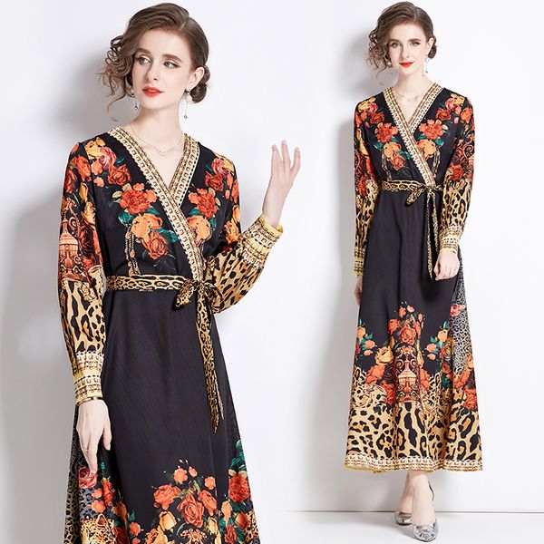 Abito lungo nero da donna Designer retrò stampa floreale con cintura abito avvolgente con fiocco laterale abiti da vacanza 2023 autunno inverno manica lunga sottile Boho abiti da festa abiti da donna