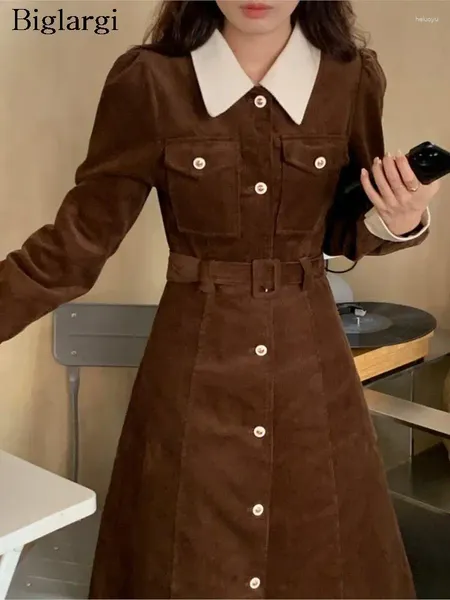 Casual Kleider Herbst Cord Lange Kleid Frauen Korea Stil Vintage Elegante Hülse Damen Mode Büro Frau Mantel 2023