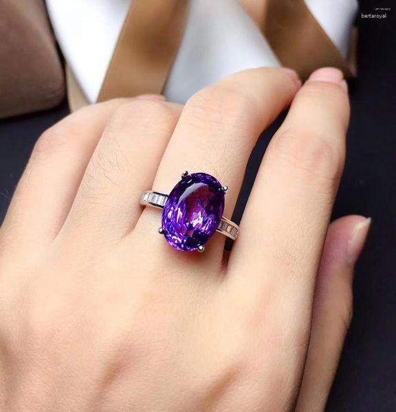 Cluster-Ringe, großer violetter Amethyst-Edelsteinring für Frauen, feiner Schmuck, natürlicher echter Edelstein, 925er Sterlingsilber, Geburtstagsgeschenk