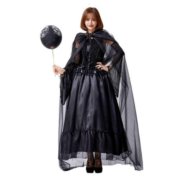 Costume di Halloween Donna Designer Costume Cosplay Halloween Trucco Costume da ballo Tulle Mantello lungo Strega oscura Cos Castle Queen Court Dress Colore