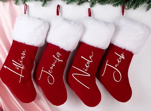 Decorações de natal meias personalizadas com nome família vermelho velet saco de presente de feriado crianças