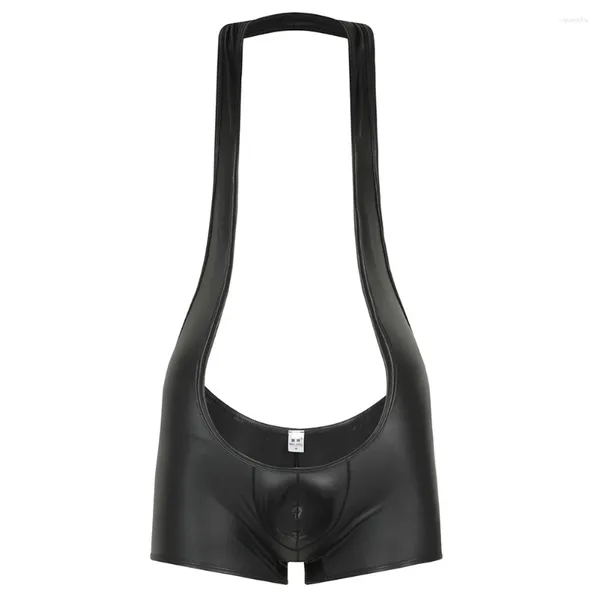 Cuecas homens sexy sólido jockstrap boxer collant roupa interior bodysuit lingerie esportiva laca couro pendurado pescoço masculino macacão masculino