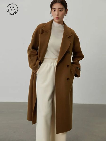 Kadın Yün Karışımları Dushu% 100 Yün Klasik Çifte Breasted Office Lady Yün Ceketler Kemer Tasarımı Gevşek Retro Kahverengi Yün Palto Kış Ceket 231021