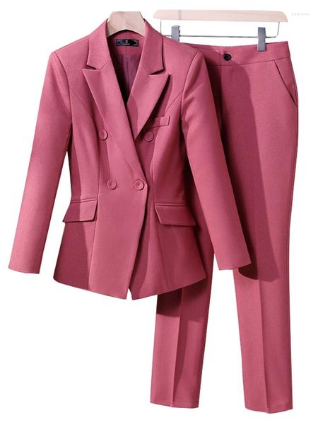 Erkekler pembe siyah beyaz kadın 2 adet set resmi blazer pantolon takım elbise kadın ceket pantolon bayanlar ofis için giyiyor çift göğüslü kruvaze