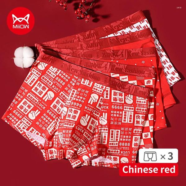 Cuecas Miiow 3 pcs ano de moda impressão vermelha mens roupa interior boxer 7a algodão antibacteriano virilha masculina calcinha boxers masculinos