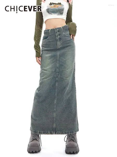 Юбки CHICEVER, винтажная облегающая женская юбка с высокой талией, лоскутными карманами, летняя утягивающая старая однотонная джинсовая юбка, женская 2023