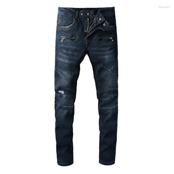 Jeans masculinos homens motociclista para motocicleta streetwear azul escuro estiramento denim calças slim plissado remendo rasgado angustiado