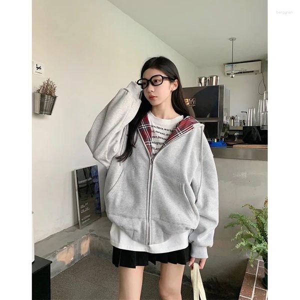 Kadın Hoodies Deeptown Gri Zip Up Kadınlar Vintage Preppy Style Ekose Sweatshirt Kapşonlu Pamuk Büyük Boy