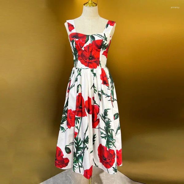 Lässige Kleider Baumwolle Frauenkleid Rote Blume Nelken Druck Halfter Haltender Mode Runway Urlaub Sommer 2023