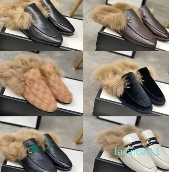 Sapatos de couro real forrados de pele Princetown Mules para mulheres deslizamento em apartamentos intertravados veludo jacquard lona mocassim qualidade fivela dourada sandálias da moda italiana