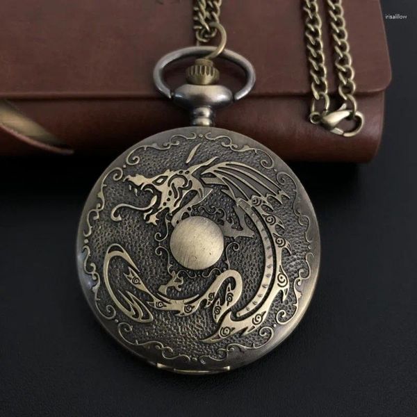 Карманные часы Ретро бронзовый дракон, играющий в мяч, кварцевые часы с цепочкой-ожерельем, элегантный кулон, подарок для мужчин, винтажные часы с животными