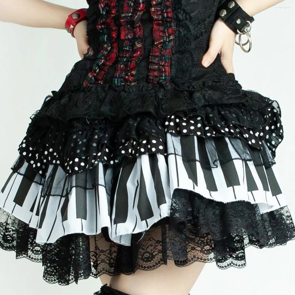 Etekler ruibbit gotik harajuku kız kek siyah beyaz piyano klavye kaya tatlı yumuşak punk Japon dantel eki eki mini kısa