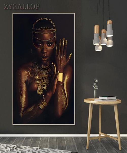 Afrikanische Frau Poster und Drucke Schwarz und Gold Frauen Ölgemälde an der Wand Moderne Kunst Leinwand Bild für Wohnzimmer Cuadros2143223
