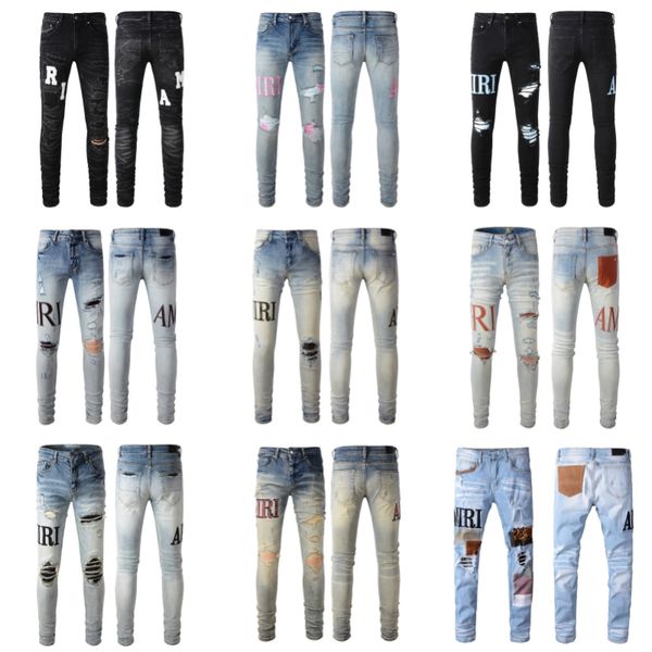 miri jeans mens designer jeans de alta qualidade moda estilo legal luxo designer denim calça angustiado rasgado motociclista preto azul jean slim fit motocicleta tamanho 28-40