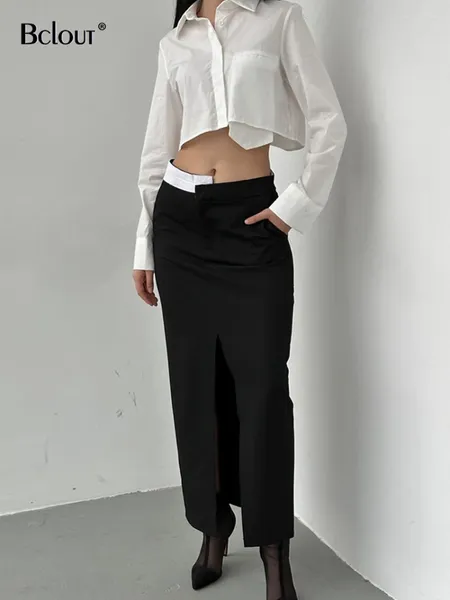 Gonne Bclout Fashion Patchwork Black Women 2023 Elegante Office Lady fessura lunghe tasche autunnali Sexy donna dritta