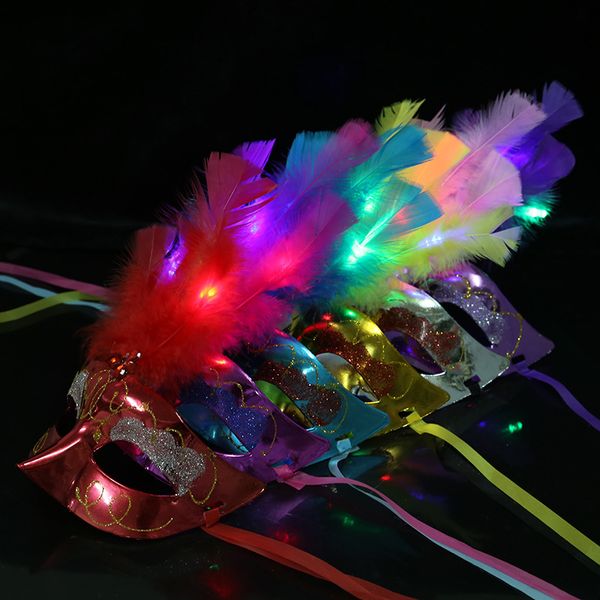 Maschera per gli occhi luminosa Flash Light Up Feather Masquerades Glow Compleanno Festa di nozze Costume Halloween Natale