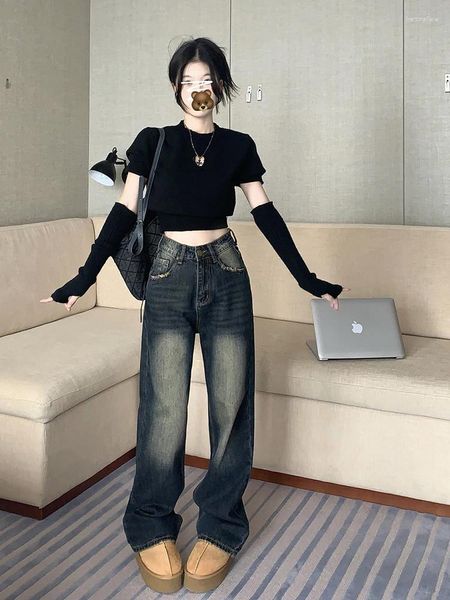 Calças de brim femininas harajuku streetwear retro moda outono mulheres cintura alta solta perna larga calças jeans retas