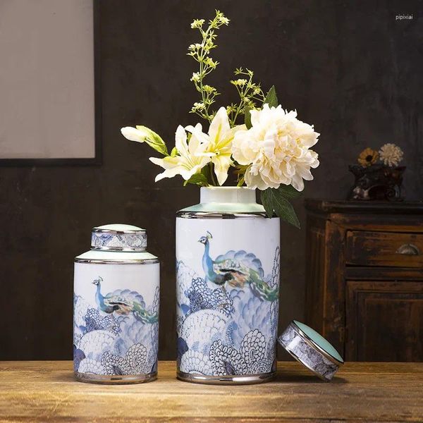 Garrafas vintage vaso de cerâmica gengibre jar geral padrão pavão vaso de flores arranjo de armazenamento de mesa decoração para casa