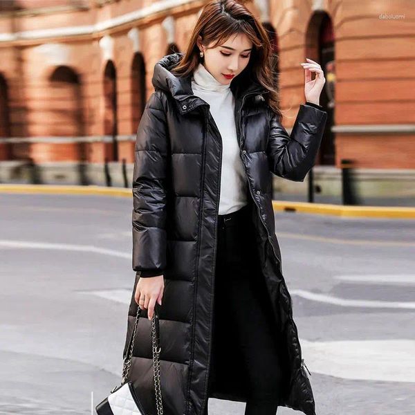 Piumino da donna Parka da donna Giacca lunga sopra il ginocchio Cappotto con cappuccio Slim dimagrante 2023 Anatra bianca Nero Capispalla caldo femminile