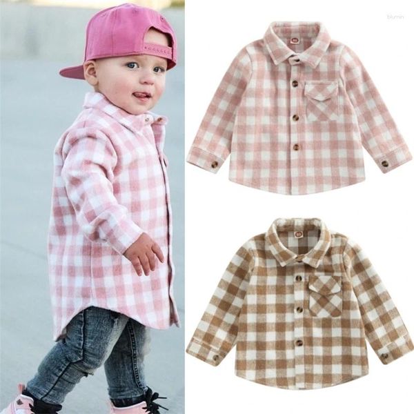 Giacche Bambino Neonato Ragazza Autunno Camicia Manica lunga Colletto rovesciato Plaid Abbottonatura Top Accoglienti camicie a rete in flanella