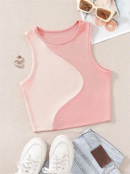 Canotte da donna Canotta rosa lavorata a coste da donna O-Collo senza maniche T-shirt da neonato carina Y2K Abbigliamento T-shirt corta a blocchi di colore patchwork estivo