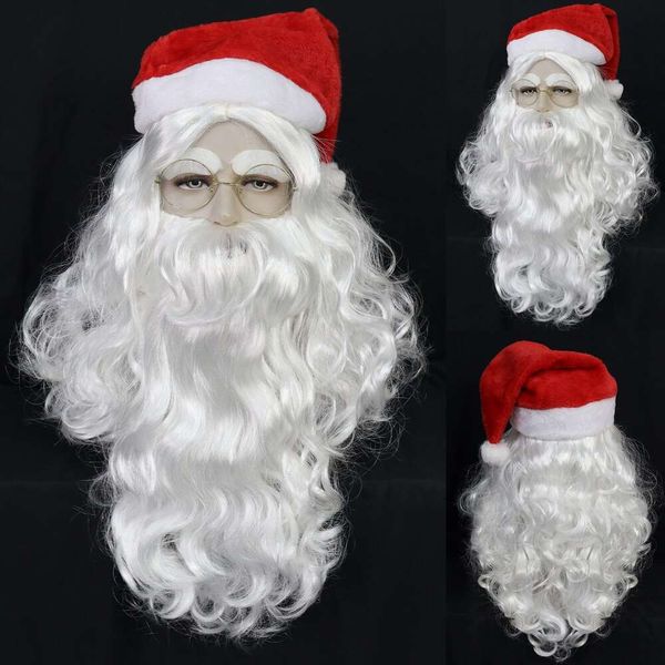 com conjunto de Papai Noel de Natal, peruca longa encaracolada, chapéu de barba para performance de Natal, fantasia de cosplay, adereços de festa